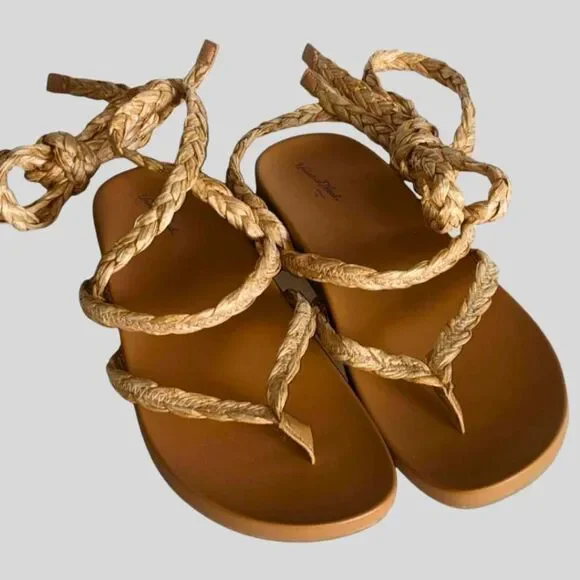 Universal Thread Raffia Rope Sandals Women’s 9.5 Tan Lace-Up Boho Summer Shoes - Picture 3 of 10